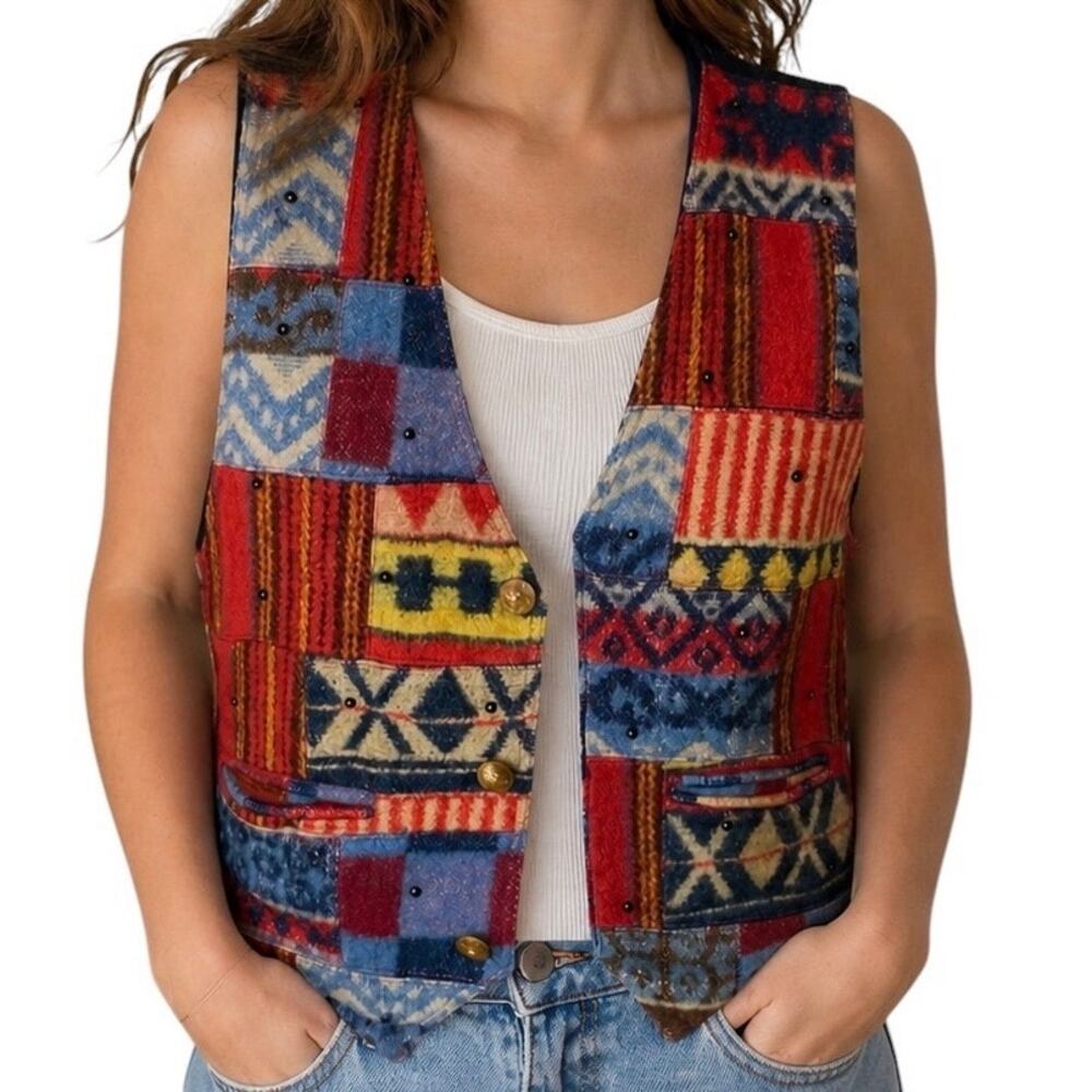 Vintage Union Khaki Wool Blend Beaded Patchwork Vest Medium Boho‎ Western
